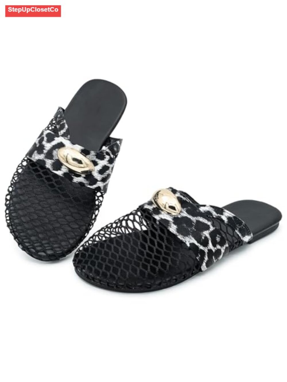 Breathable Mesh Mules Flats Slip On Shoes Pointed Toe Loafers with Metal Buckle